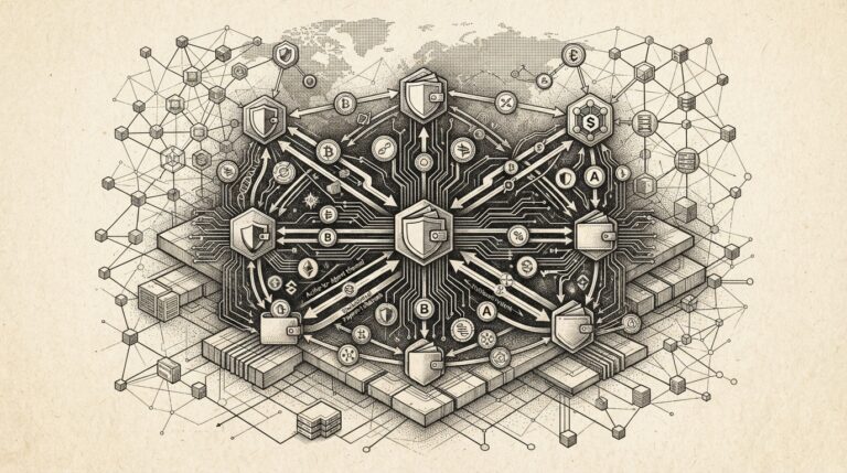 Digital wallet infrastructure illustration showing agent-to-agent payment channels on blockchain rails representing Cloudflare's x402 protocol enabling agent-native stablecoin wallets.