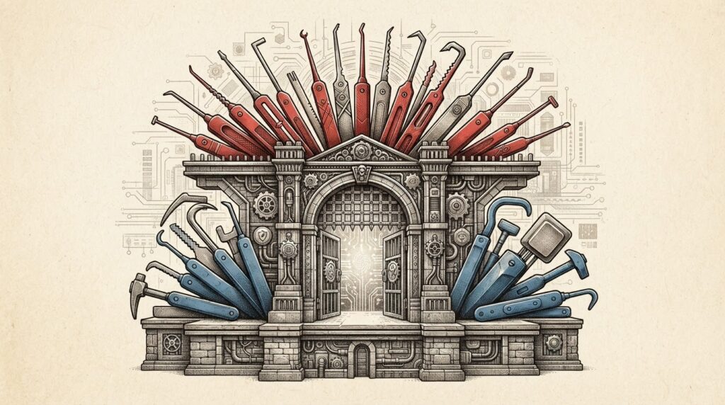 Monochrome editorial illustration showing two-tier digital lockpicks — polished red tools representing offensive capability and utilitarian blue tools representing defensive capability — separated by a gate, representing OpenAI Daybreak Cyber models.