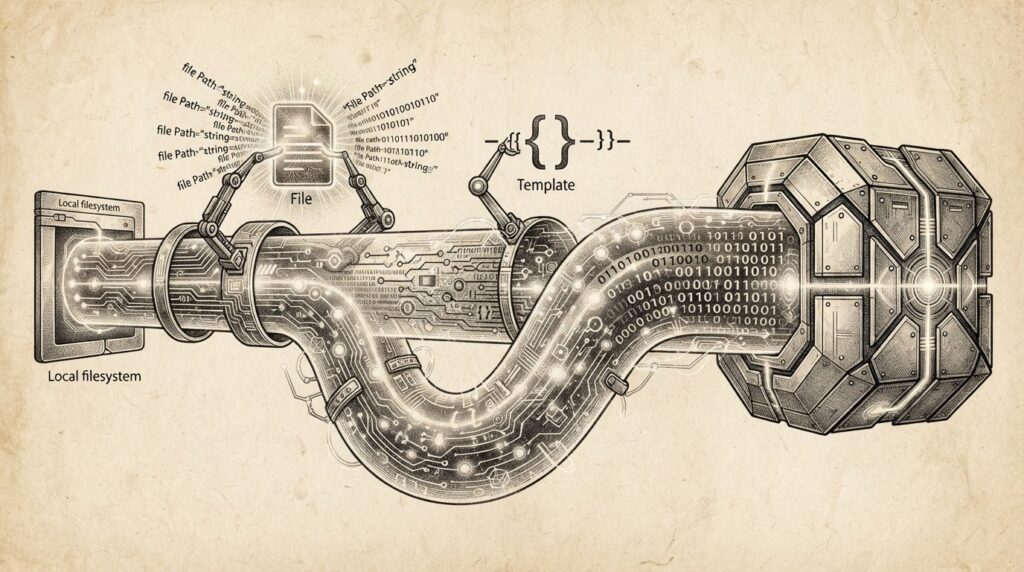 Monochrome engraving of a data-processing pipeline with two visible injection points — a local file read and a Jinja2 template rendering into executable code — connecting to a Kubernetes pod