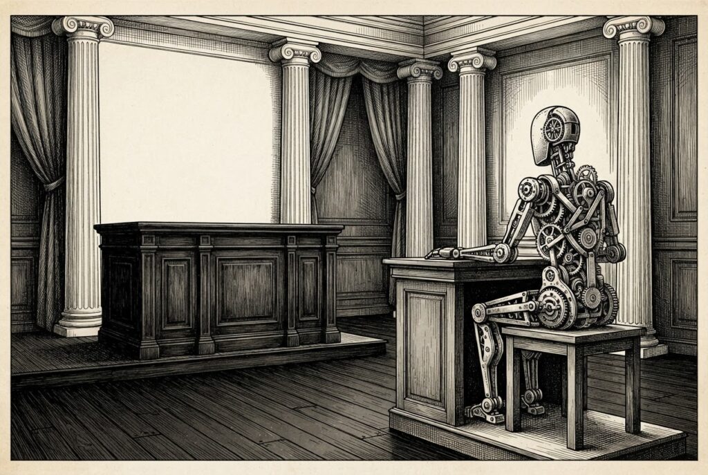 Pen-and-ink engraving of an unmanned mechanical mechanism seated on a witness stand in a formal hearing chamber, with the judge's bench completely empty. Classical columns frame the scene. Depicts oversight without framework — accountability summoned into a vacuum.