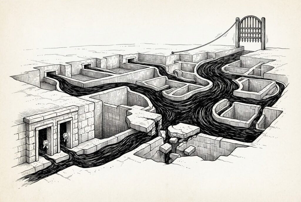 Engraved illustration of two adjacent unsealed openings releasing thin streams that merge into a dark torrent through a fortified channel network, splitting its foundation as a distant gate closes.