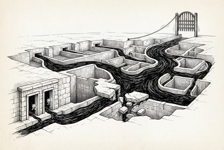 Engraved illustration of two adjacent unsealed openings releasing thin streams that merge into a dark torrent through a fortified channel network, splitting its foundation as a distant gate closes.