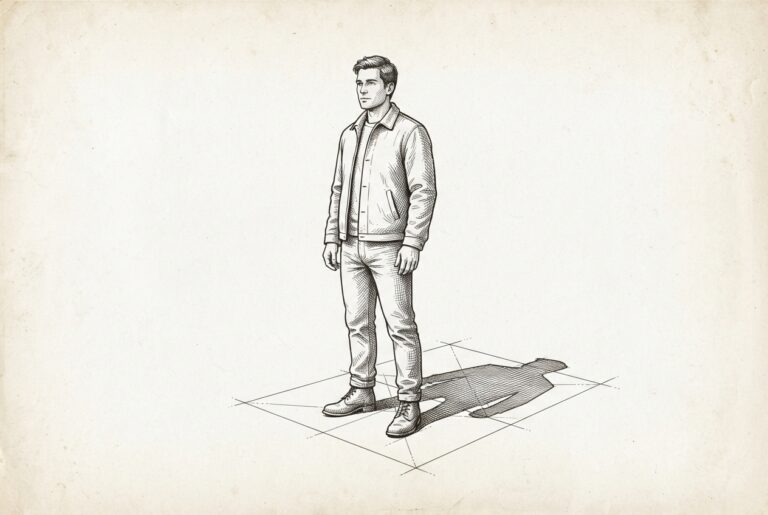 Pen-and-ink engraving of a figure standing freely while its cast shadow is constrained by a faint geometric grid on the ground, representing workspace-level alignment governing agent intent.