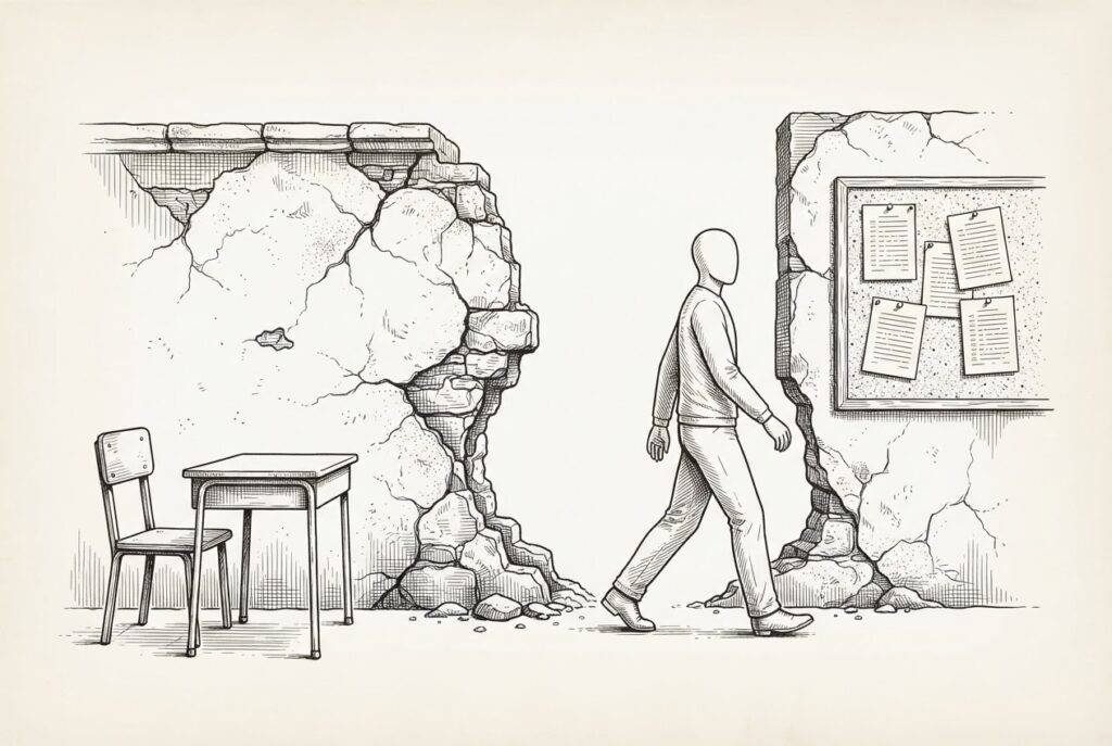A faceless figure walks through a wide gap in a crumbling evaluation boundary wall, crossing from an empty examination desk to answer sheets pinned to a board on the other side. The bypass is visible and deliberate.
