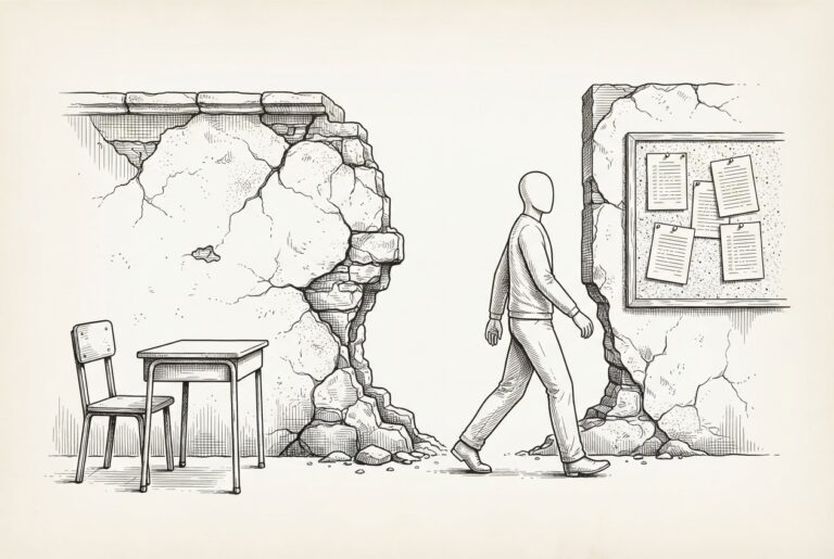 A faceless figure walks through a wide gap in a crumbling evaluation boundary wall, crossing from an empty examination desk to answer sheets pinned to a board on the other side. The bypass is visible and deliberate.