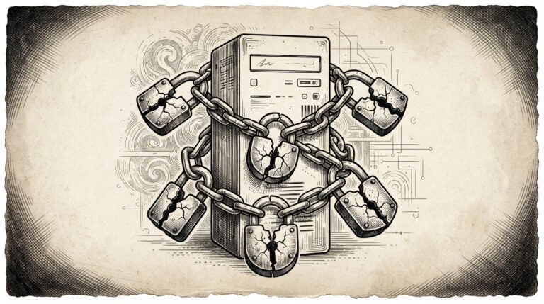 A chain of seven cracked-open padlocks linked together and wrapping around a central server rack, representing the recurring pattern of critical CVEs in Langflow's agent infrastructure architecture. Monochrome pen-and-ink engraving on warm paper.