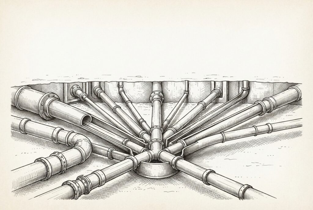 Pen-and-ink engraving of a cross-section view of an elaborate underground pipe system with multiple ornate channels converging from different directions into a single central settlement chamber, with empty sky above and no visible building - representing the 'headless exchange' concept of infrastructure without a facade.