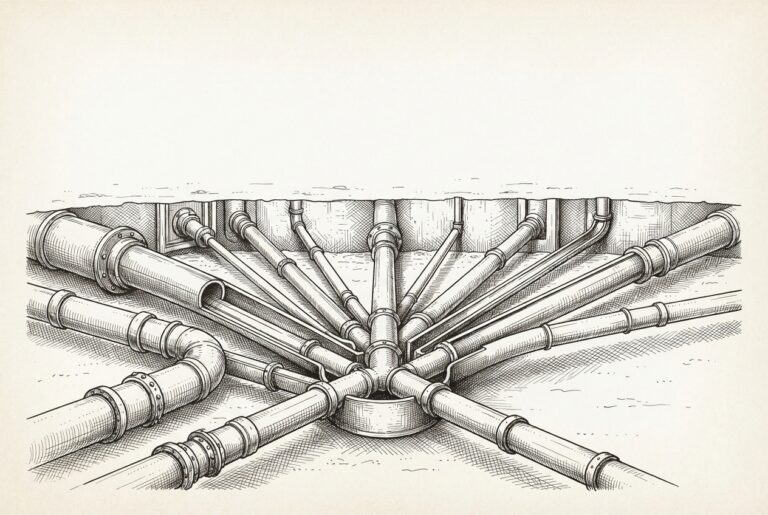 Pen-and-ink engraving of a cross-section view of an elaborate underground pipe system with multiple ornate channels converging from different directions into a single central settlement chamber, with empty sky above and no visible building - representing the 'headless exchange' concept of infrastructure without a facade.