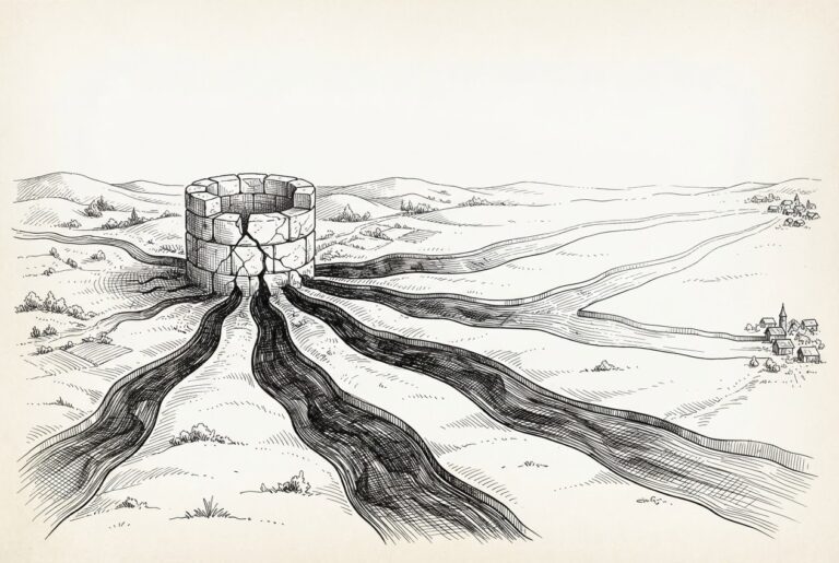 A cracked ancient stone well at center-left feeds branching channels spreading rightward across a landscape toward distant settlements. Three central channels are rendered with dense, heavy cross-hatching showing contamination spreading through them. Two outer channels remain lightly hatched - clean but inevitably in the path. The junction where clean meets contaminated is the focal point. The idea: a single trusted source everyone draws from has been poisoned, and the corruption flows automatically through every connected channel without waiting for anyone to actively draw from it.