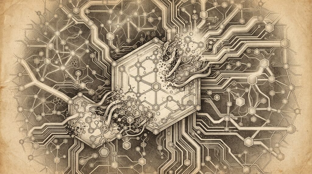 Monochrome engraving of a vast global payments network absorbing a smaller blockchain infrastructure layer, with on-chain nodes merging into dominant payment pathways, representing integration over partnership