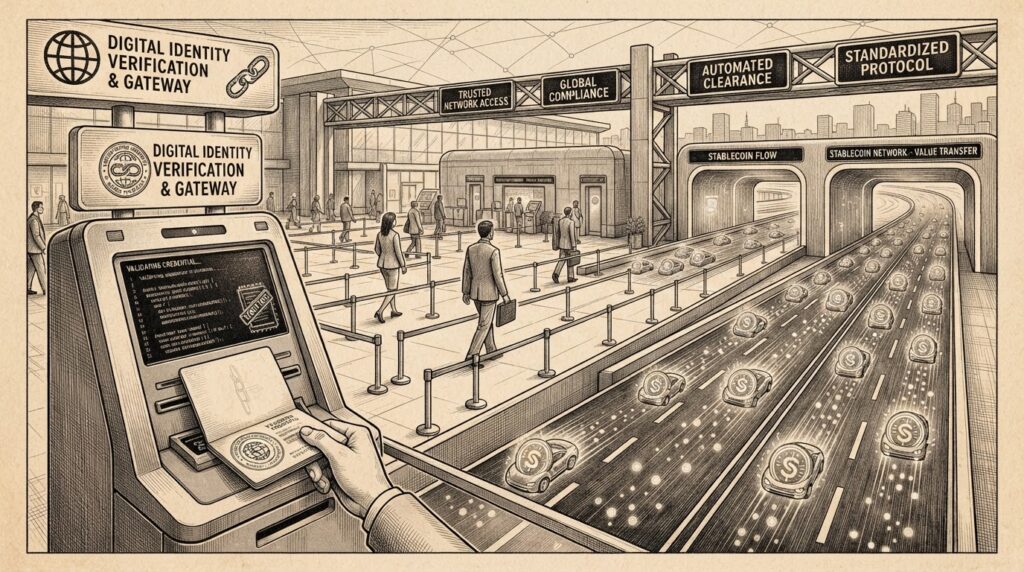 A border checkpoint where passports are stamped automatically by a machine representing Crypto Credential verification, while stablecoins flow through like vehicles on a highway