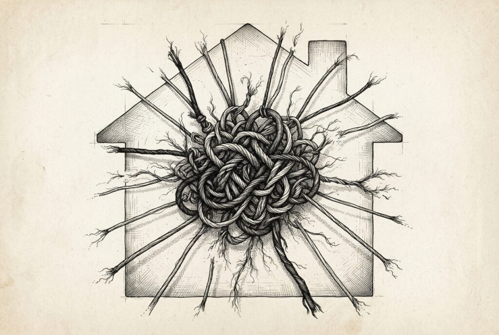 Pen-and-ink engraving of a dense knot of tangled threads, each strand pulling in its own direction and fraying loose at the edges, symbolizing the smart home's fragmented Matter/Thread mesh networks that refuse to unify.