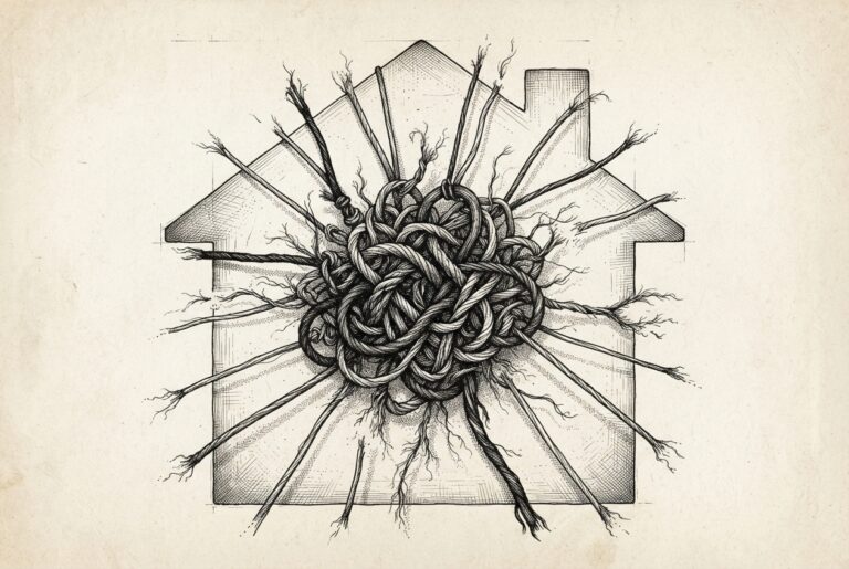 Pen-and-ink engraving of a dense knot of tangled threads, each strand pulling in its own direction and fraying loose at the edges, symbolizing the smart home's fragmented Matter/Thread mesh networks that refuse to unify.