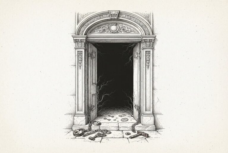 An ornate classical doorway with double doors swung inward, revealing a dark void beyond. On the steps and floor before the entrance, heavy iron locks, chains, padlocks, and keys lie scattered and unused. Dark ink tendrils seep around and through the open doorway into the interior - the vulnerability is not a breach but an absence of security, locks that existed but were never deployed.