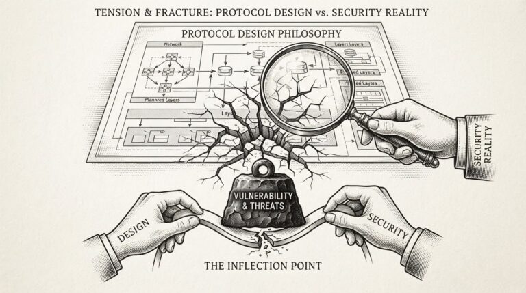 Tension between protocol design and security reality depicted as a blueprint tested by a magnifying glass revealing cracks