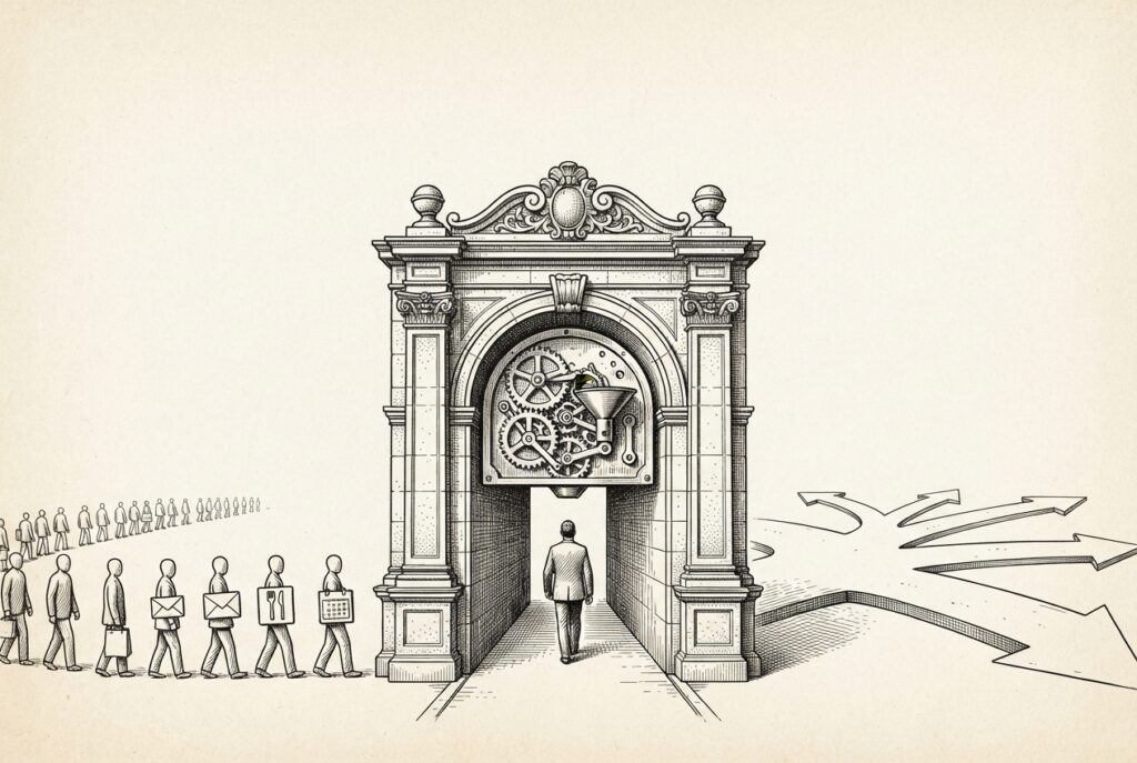 A monochrome pen-and-ink engraving of an ornate stone archway with mechanical gears visible inside, a suited figure walking through the dark passage, and a long queue of faceless figures carrying various objects extending to the left — conceptual illustration of Meta positioning itself as the mandatory passage point for consumer agentic AI.