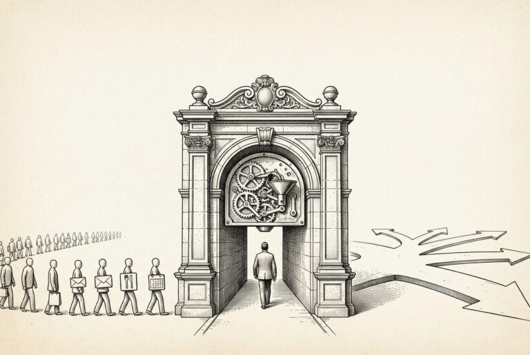 A monochrome pen-and-ink engraving of an ornate stone archway with mechanical gears visible inside, a suited figure walking through the dark passage, and a long queue of faceless figures carrying various objects extending to the left — conceptual illustration of Meta positioning itself as the mandatory passage point for consumer agentic AI.