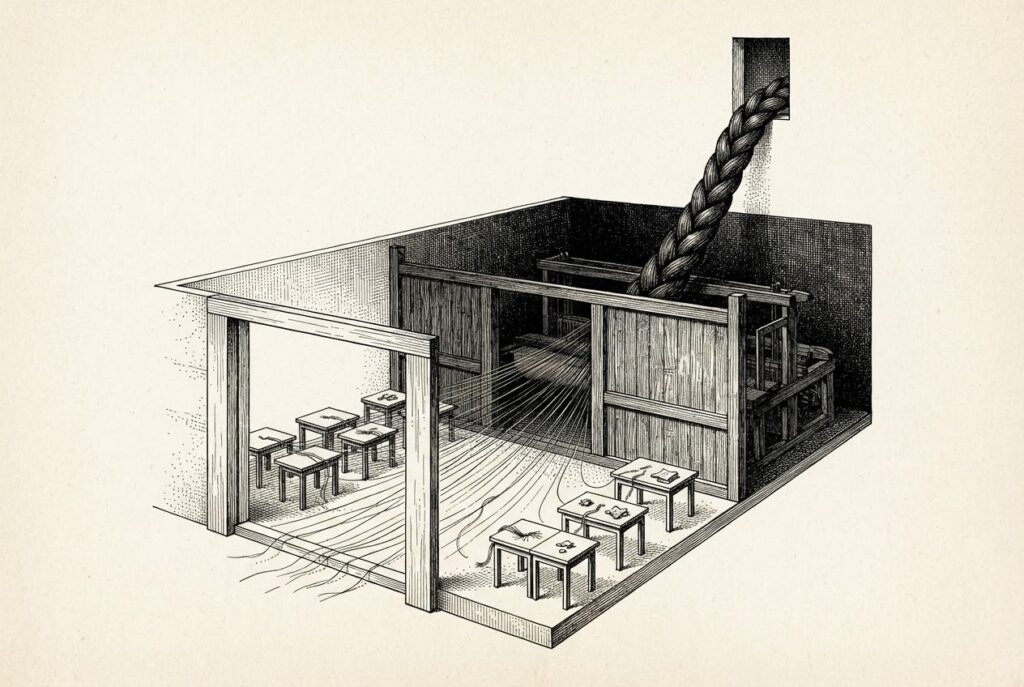 Engraved illustration of many thin threads entering a low open workshop, disappearing behind a partition and emerging as one thick braided cable, with small scraps left at the worktables.