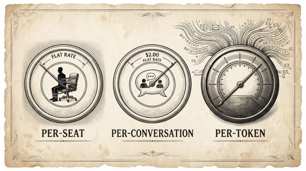 Three pricing meters showing per-seat, per-conversation, and per-token models