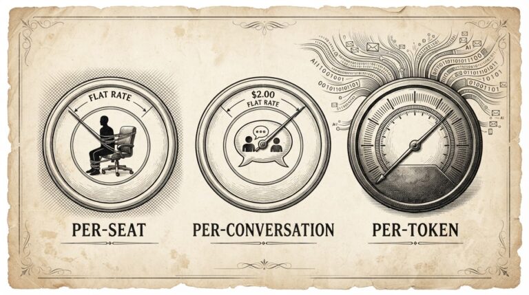 Three pricing meters showing per-seat, per-conversation, and per-token models