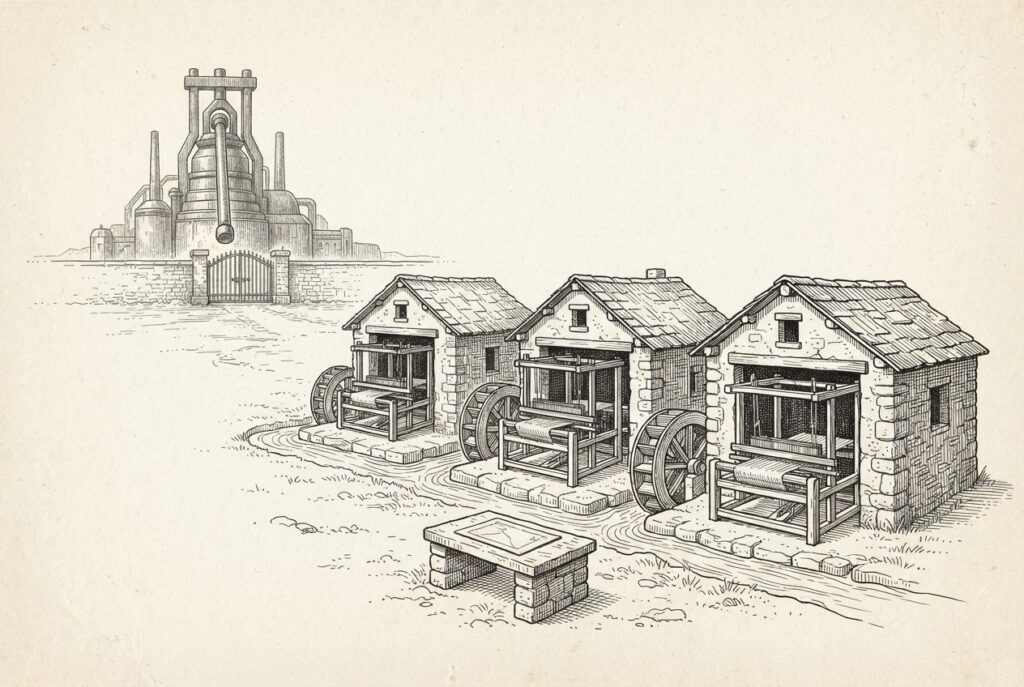 Engraved landscape of small independent waterwheel-powered workshops running beside a master pattern plate while a distant industrial foundry stops short behind a gate, symbolizing local agent execution beyond centralized cloud control.