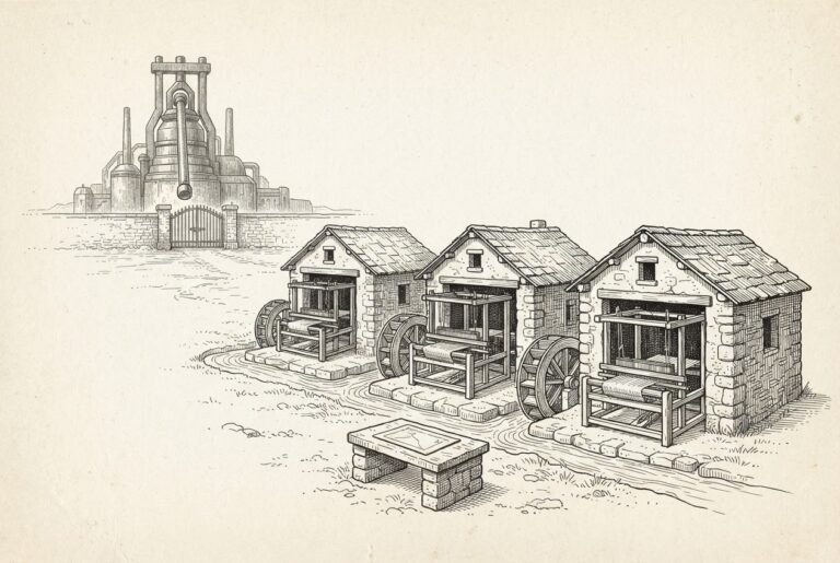 Engraved landscape of small independent waterwheel-powered workshops running beside a master pattern plate while a distant industrial foundry stops short behind a gate, symbolizing local agent execution beyond centralized cloud control.