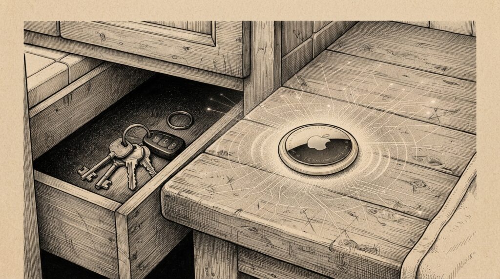 Monochrome pen-and-ink engraving of a small circular tracker device on a worn wooden kitchen counter, a slightly open drawer revealing lost keys, with subtle digital network lines emanating from the tracker suggesting ambient AI connectivity
