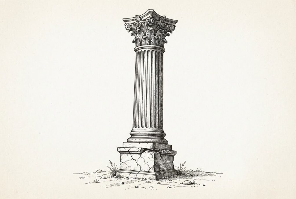Pen-and-ink engraving of a towering classical Corinthian column resting on a comically small, cracked stone foundation block - representing Mirae Asset's $109B institutional ambition built on Korbit's 0.5% market share.