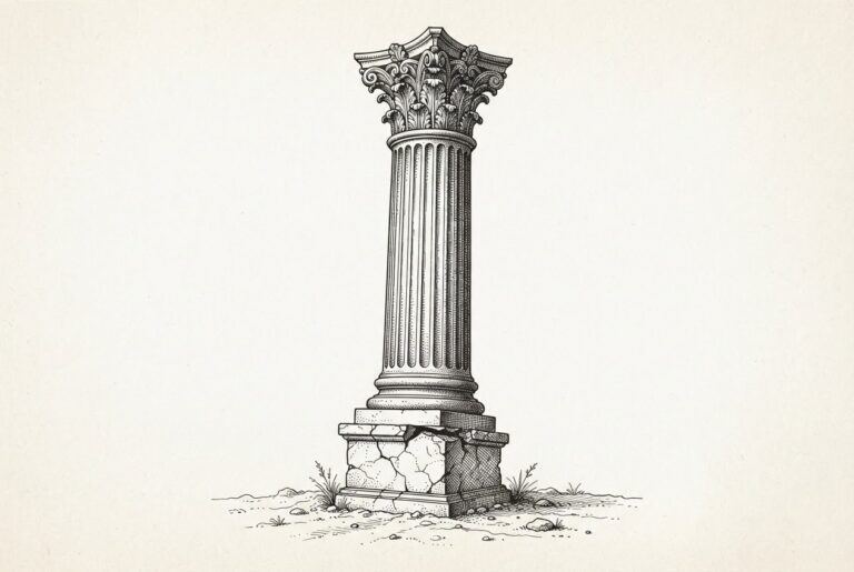 Pen-and-ink engraving of a towering classical Corinthian column resting on a comically small, cracked stone foundation block - representing Mirae Asset's $109B institutional ambition built on Korbit's 0.5% market share.