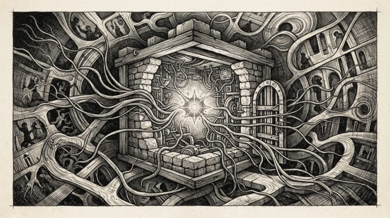 Monochrome ink engraving of a local AI agent's inference backend exposed through a deployment wrapper, with external tendrils reaching through DNS rebinding to poison the model template