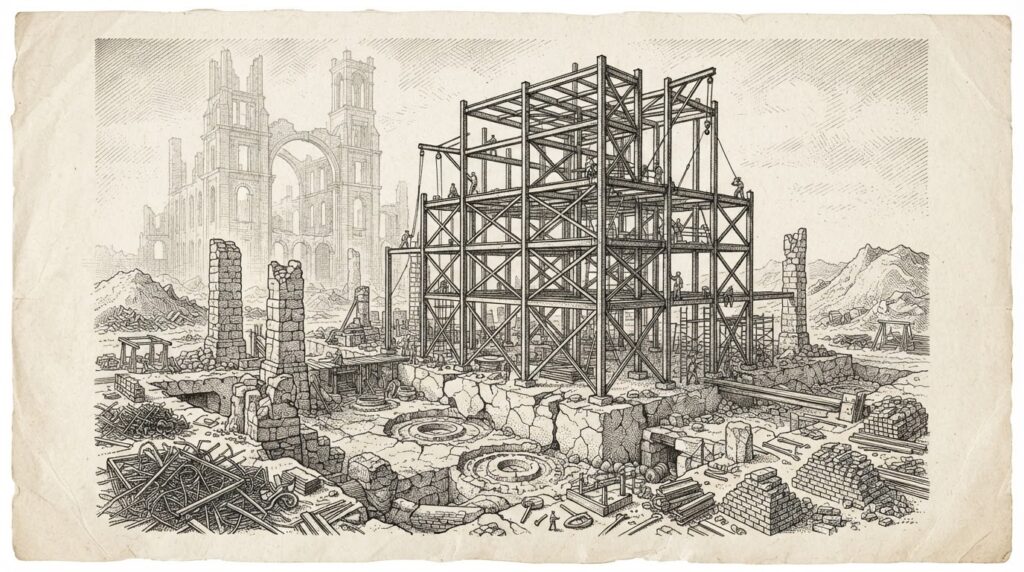 Pen-and-ink engraving of a massive construction site on abandoned industrial ground — half-finished steel framework rising from cracked foundations of a previous, larger structure now demolished. Tiny workers scale the new framework against a faint outline of a grander building that was never completed. Represents Anthropic stepping into a site Microsoft abandoned, partnering with a two-year-old UK startup for its largest compute commitment.