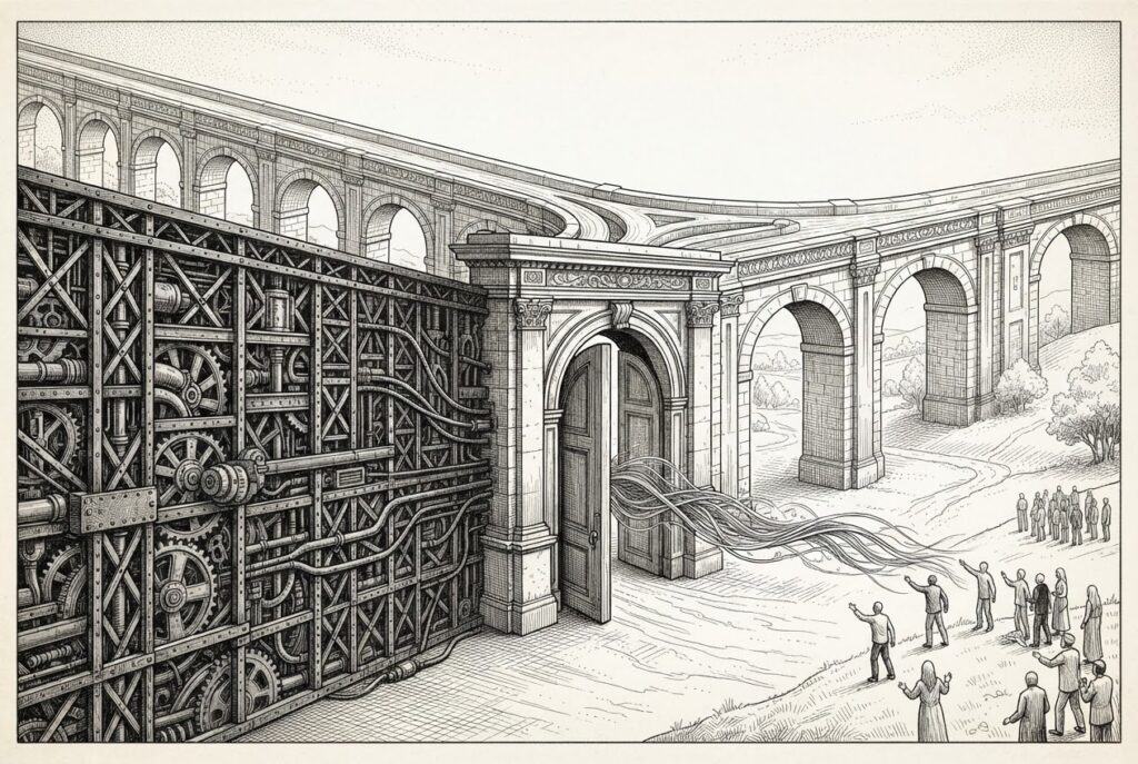 A vast ornate aqueduct system with multiple channels converging toward a single monumental gate, where the gate is being absorbed into a larger industrial infrastructure wall. A thin stream of flowing threads passes through the gate from an open landscape into controlled infrastructure - depicting NVIDIA's vertical integration into model distribution.