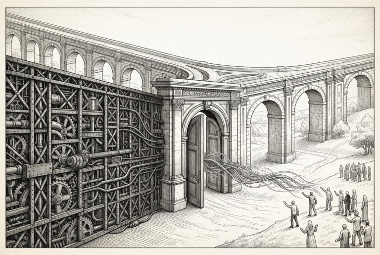A vast ornate aqueduct system with multiple channels converging toward a single monumental gate, where the gate is being absorbed into a larger industrial infrastructure wall. A thin stream of flowing threads passes through the gate from an open landscape into controlled infrastructure - depicting NVIDIA's vertical integration into model distribution.