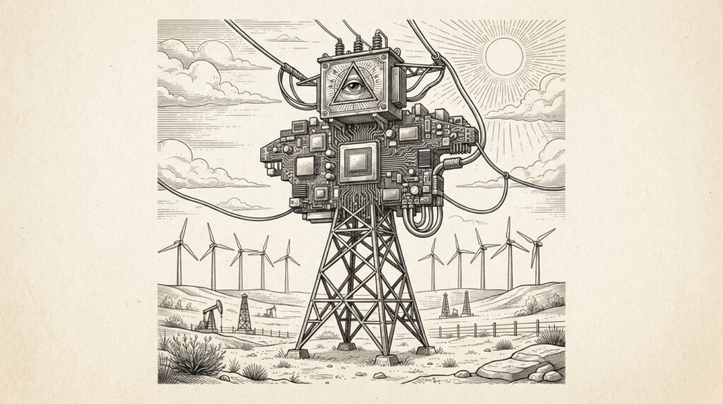 A power transmission tower morphing into a GPU chip on a stylized Texas plain with wind turbines, monochrome pen-and-ink engraving