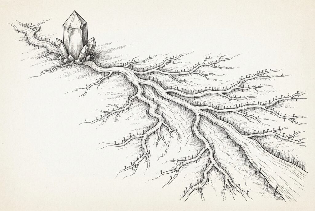 A vast river delta in pen-and-ink engraving where a single crystalline silicon source feeds branching channels, with ownership stakes driven into the banks of every downstream branch - the compute landlord thesis extending from hardware into the inference layer.