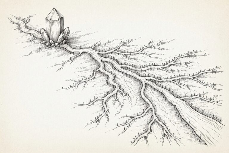 A vast river delta in pen-and-ink engraving where a single crystalline silicon source feeds branching channels, with ownership stakes driven into the banks of every downstream branch - the compute landlord thesis extending from hardware into the inference layer.