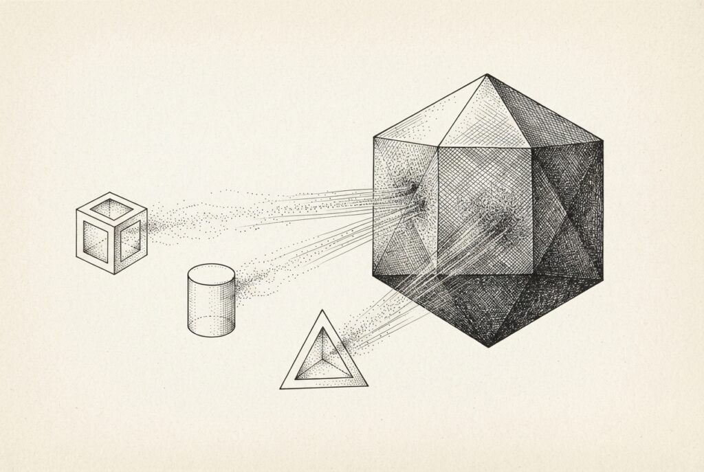 Three smaller geometric forms - a hollow cube, a cylinder, and a triangular frame - send stippled particle streams into a large dense polyhedron. The small forms remain intact but appear lighter, their substance flowing to the central form through unseen channels. Metaphor for Nvidia's licensing-plus-hire playbook: consolidation without acquisition.