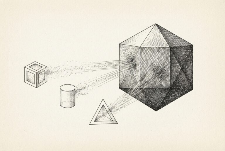 Three smaller geometric forms - a hollow cube, a cylinder, and a triangular frame - send stippled particle streams into a large dense polyhedron. The small forms remain intact but appear lighter, their substance flowing to the central form through unseen channels. Metaphor for Nvidia's licensing-plus-hire playbook: consolidation without acquisition.