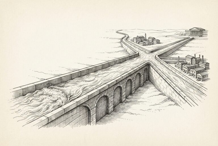 A vast stone aqueduct system where one massive central channel carrying heavy water flow branches at a junction into smaller secondary channels - a metaphor for NVIDIA's compute infrastructure diversifying from hyperscale-only to enterprise, sovereign, and edge.
