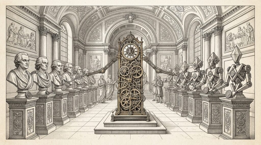 Pen-and-ink engraving of a grand institutional hall with two parallel rows of pedestals — human busts on the left, geometric AI agent constructs on the right — both receiving identical governance tokens from a central clockwork distributing mechanism, symbolizing equal institutional treatment of human and artificial identities.