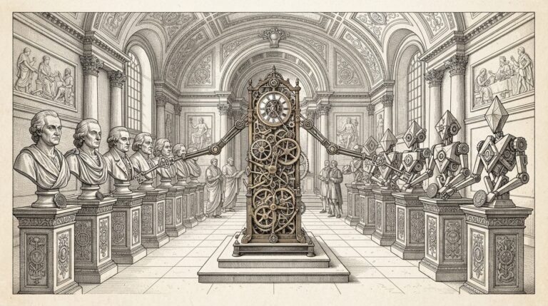 Pen-and-ink engraving of a grand institutional hall with two parallel rows of pedestals — human busts on the left, geometric AI agent constructs on the right — both receiving identical governance tokens from a central clockwork distributing mechanism, symbolizing equal institutional treatment of human and artificial identities.