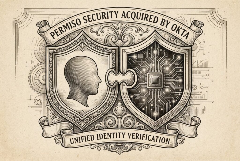 Two interlocking identity verification shields merging - traditional human silhouette and AI agent circuit-pattern silhouette.