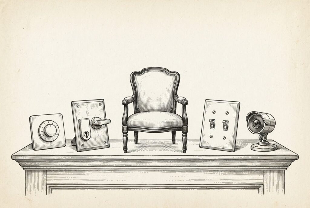 Monochrome pen-and-ink engraving of household objects on a mantel — a thermostat dial, door handle, upholstered armchair, light switch, and camera — representing the smart home devices that AI voice assistants have failed to reliably control after one year of generative AI promises.
