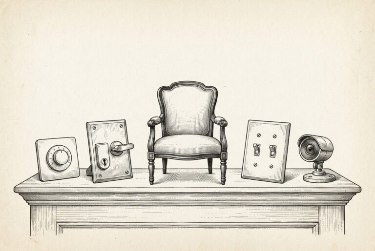 Monochrome pen-and-ink engraving of household objects on a mantel — a thermostat dial, door handle, upholstered armchair, light switch, and camera — representing the smart home devices that AI voice assistants have failed to reliably control after one year of generative AI promises.