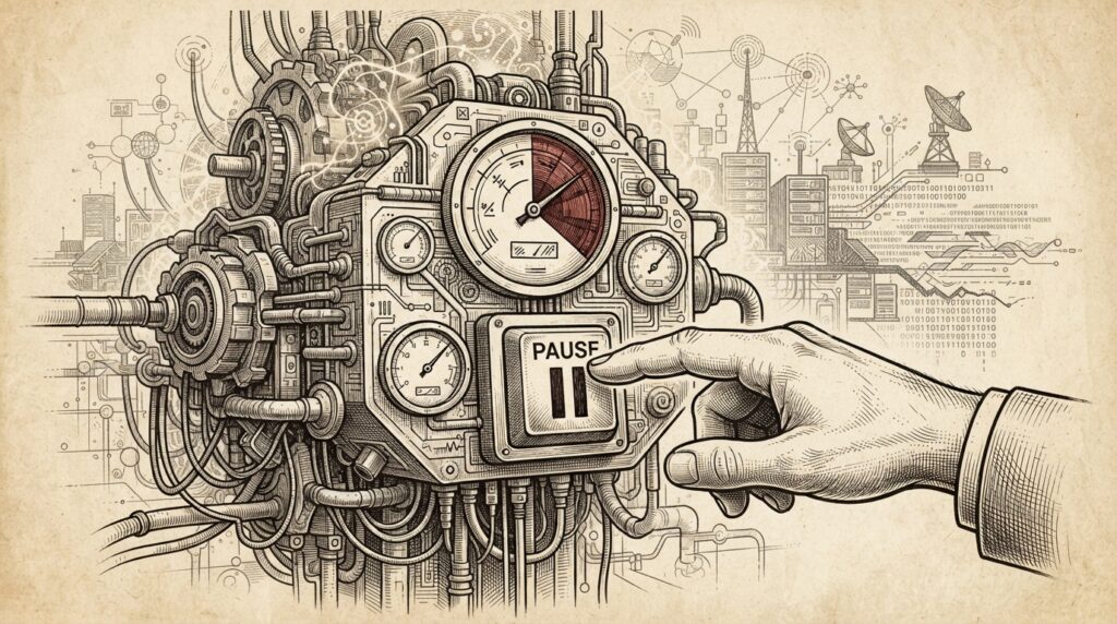 Sepia-toned technical illustration of a mechanical control unit with gauges and conduits, a human hand in a suit sleeve pressing a prominent pause button on its face - conceptual rendering of OpenAI halting development on its Astra model after flagging critical cybersecurity capabilities.
