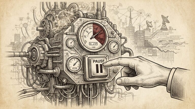 Sepia-toned technical illustration of a mechanical control unit with gauges and conduits, a human hand in a suit sleeve pressing a prominent pause button on its face - conceptual rendering of OpenAI halting development on its Astra model after flagging critical cybersecurity capabilities.