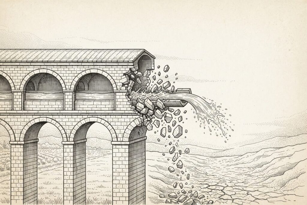 A pen-and-ink illustration of a two-tiered stone aqueduct that has ruptured at one end, with water jetting from the broken edge and rubble cascading downward. The left side shows cultivated fields through the arches; the right side shows dry, cracked terrain - contrasting the structure's former integrity with its sudden failure.