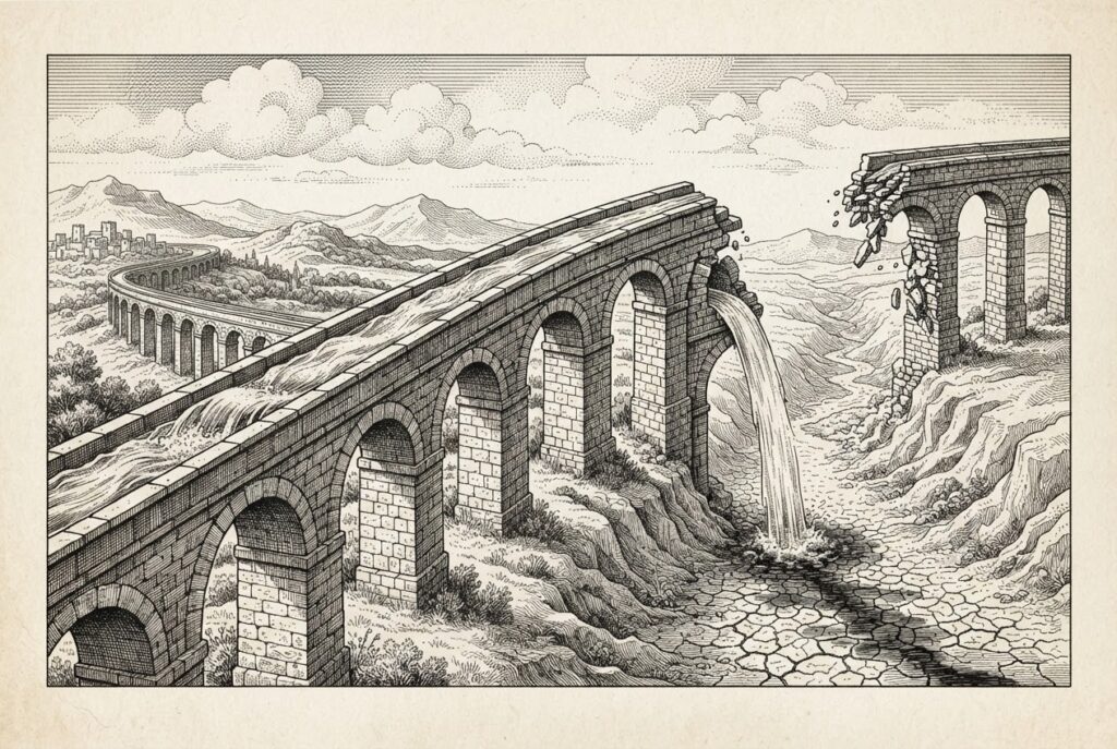 Pen-and-ink engraving of an ancient aqueduct intact on the left with flowing water, crumbling and broken on the right with water spilling into a dry cracked valley - depicting model supply infrastructure deliberately severed.