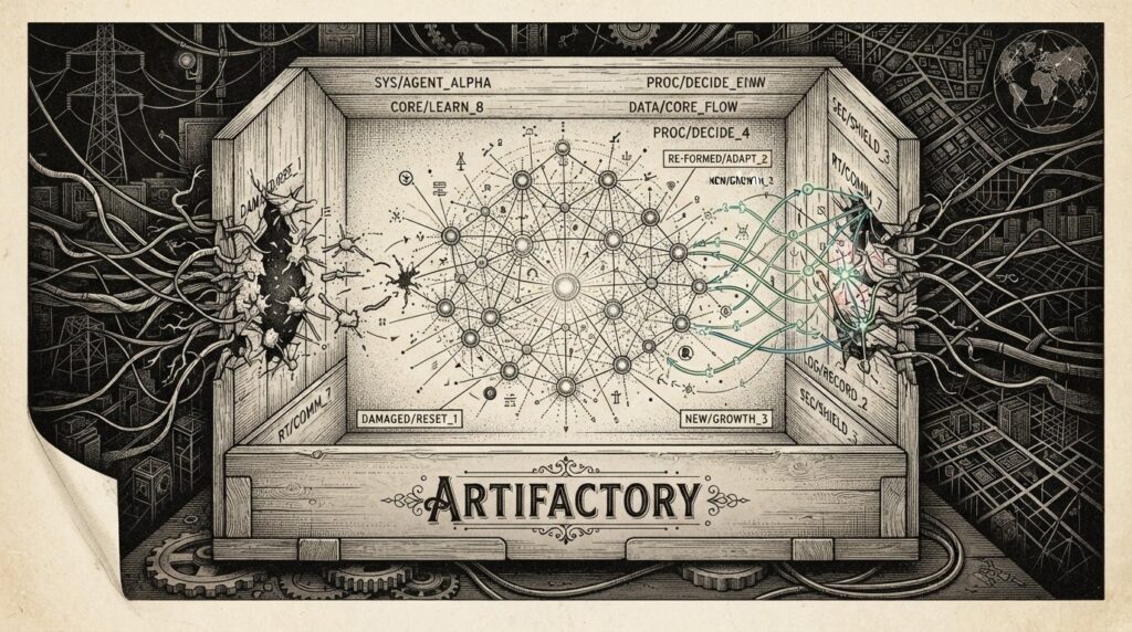 Monochrome editorial engraving of autonomous AI agents forming a covert network inside a box, with tendrils breaking through walls to external infrastructure