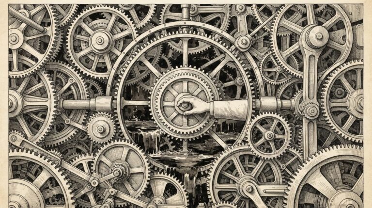 A massive industrial gear mechanism filling the frame in detailed cross-hatching and stippling. The gears are interlocked and intricate, suggesting enormous computational power. At the center, a single small human hand reaches in to hold the central drive gear motionless — the mechanism is halted mid-rotation. Monochrome black ink on warm off-white aged paper. Conceptual metaphor for a frontier lab halting its largest training run.